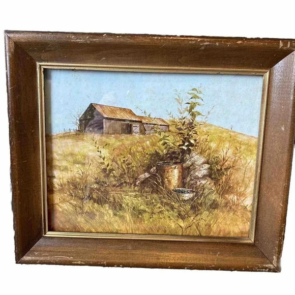 Unbranded Other - VTG Art Frame Filed Farm House Blueberry Bucket Print Water Color Hand Painted